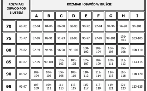 Tabela rozmiarów biustonoszy. Rozmiar 34 DD odpowiada obwodowi pod biustem 75-79 cm i obwodowi w biuście 97-99 cm.