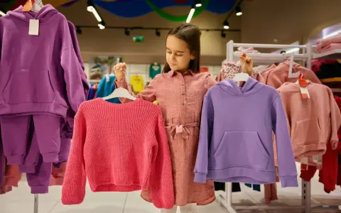 Dziewczynka wybiera ubrania. Czy ten różowy sweterek lub fioletowa bluza to dobry rozmiar dla 7-8 latka?