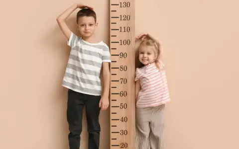 Chłopiec i dziewczynka mierzą wzrost przy drewnianej miarce. Chłopiec ma ok. 110 cm, dziewczynka ok. 90 cm. Jaki rozmiar ubrań pasuje do ich wieku?