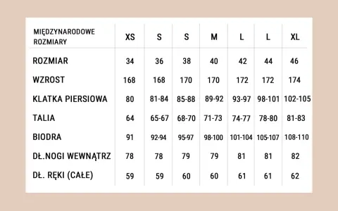Tabela rozmiarów od XS do XL: rozmiar, wzrost, klatka, talia, biodra, długość nogi i ręki.