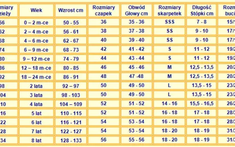 Tabela rozmiarów: 9-12 miesięcy to wzrost 74-79 cm, rozmiar odzieży 80, czapki 44, głowa 43-44 cm, skarpetki S, stopa 11-12 cm, bucik 19/20.