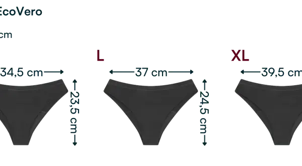 Majtki menstruacyjne hi-cut. Rozmiar M ma szerokość 34,5 cm, a długość 23,5 cm. Tolerancja wymiarów to ± 1 cm.