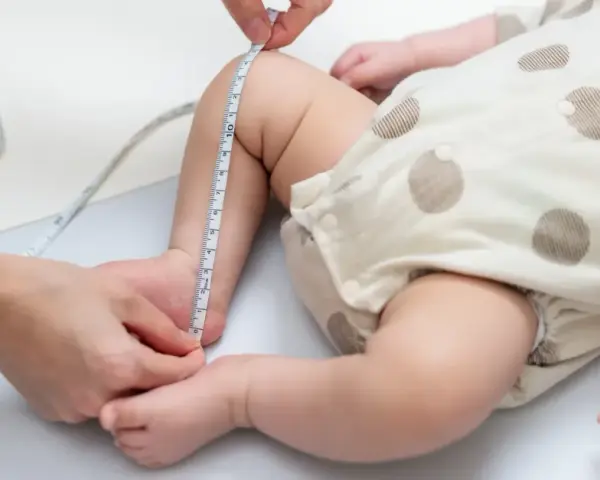 Dziecko w body w kropki, mierzone centymetrem. Sprawdzanie, jaki to rozmiar dla malucha do 3 miesięcy.