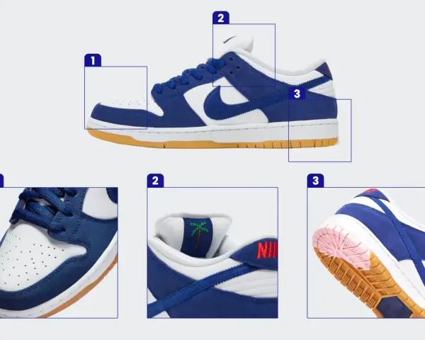 Szukasz informacji, jak sprawdzić numer katalogowy Nike? Zobacz zbliżenia na buty: przód (1), język z palmą (2) i podeszwę (3).