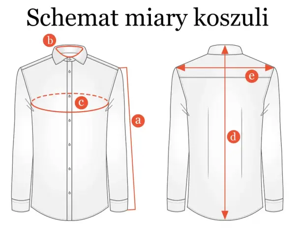 Schemat miary koszuli męskiej. Wymiary: a - długość, b - kołnierzyk, c - klatka piersiowa, d - długość całkowita, e - szerokość ramion. Rozmiar 58 męski.