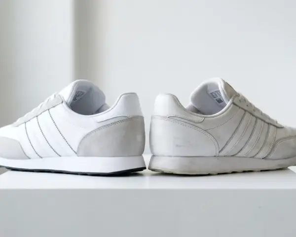 Dwa białe buty sportowe Adidas, jeden czysty, drugi lekko zabrudzony. Jak sprawdzić oryginalność? Zwróć uwagę na detale.