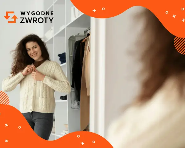 Kobieta w swetrze przed szafą. Logo "Wygodne Zwroty" sugeruje, że to firma oferująca łatwe zwroty zakupów.