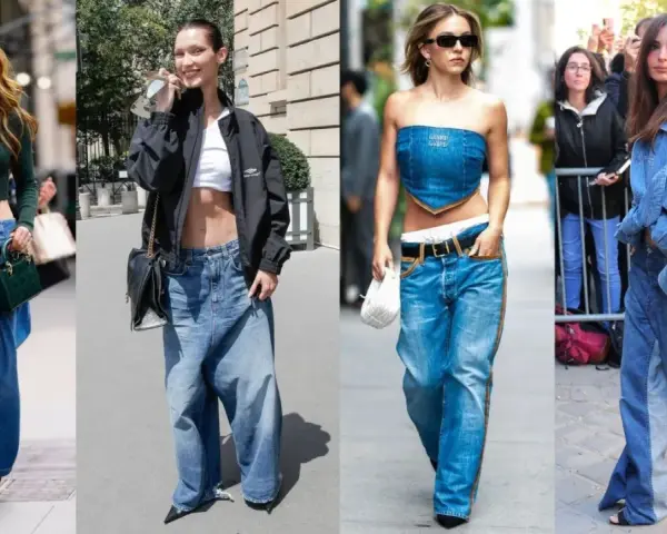 Cztery dziewczyny w stylu downtown girl prezentują szerokie jeansy i krótkie topy.