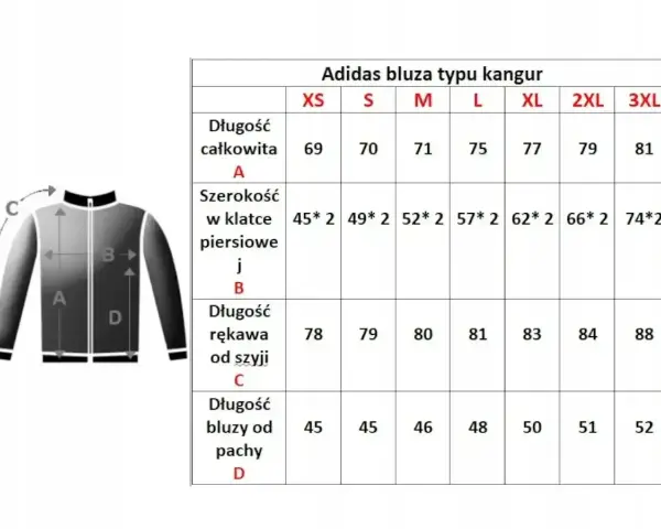 Tabela rozmiarów bluzy Adidas: jaki rozmiar jest większy l czy m? L ma 75 cm długości całkowitej, M 71 cm.