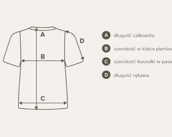 Schemat koszulki z wymiarami: A - długość całkowita, B - szerokość w klatce, C - szerokość w pasie, D - długość rękawa. Pomoc w wyborze odpowiedniego rozmiaru polskiego.