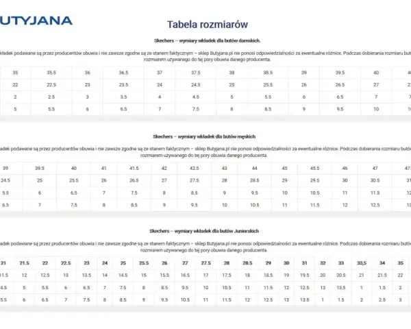 Tabela rozmiarów Skechers: 27 cm jaki to rozmiar buta? W tabelach damskich, męskich i juniorskich znajdziesz odpowiedniki w EUR, UK i USA.