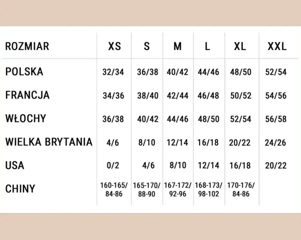 Tabela rozmiarów od XS do XXL, porównująca wymiary polskie, francuskie, włoskie, brytyjskie, USA i chińskie.