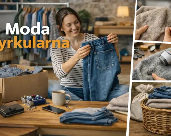 Kobieta z uśmiechem przegląda ubrania, pokazując, że moda cyrkularna to nowy trend. Widać też odświeżanie swetrów i kosz z ubraniami.