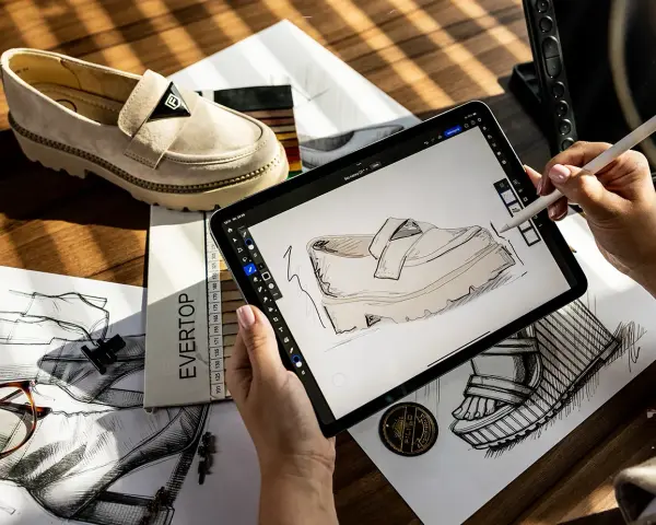 Projektantka szkicuje buty Filippo, firmy znanej z modnego obuwia. Na stole leży gotowy model i szkice.