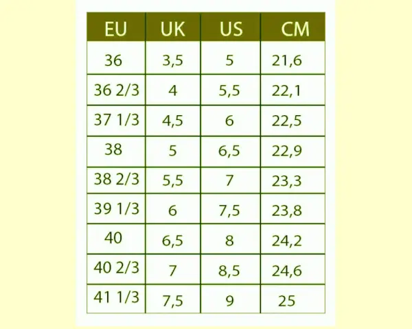 Tabela rozmiarów obuwia: 6,5 US to 38 EU, 22,9 cm.