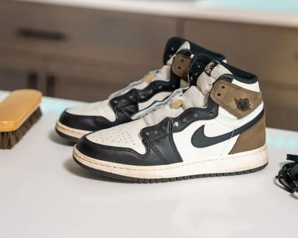 Para wiedzą, czy buty Nike można prać w pralce, leżą obok szczotki do czyszczenia i sznurówek.