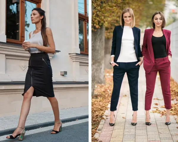 Eleganckie stylizacje dla kobiet: jak się ubrać na imprezę firmową. Spódnica ołówkowa i garnitury w ciemnych kolorach.