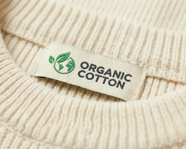Metka z napisem "ORGANIC COTTON" na kremowym swetrze z prążkowanej dzianiny. To świadczy o tym, że cotton to materiał ekologiczny.