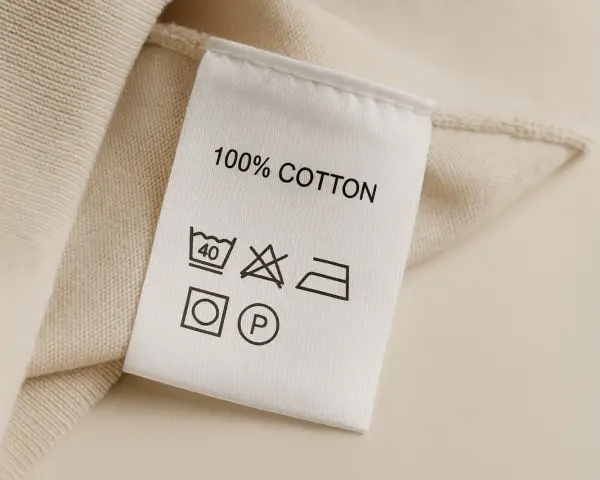 Metka odzieżowa z napisem "100% COTTON" i symbolami pielęgnacji.