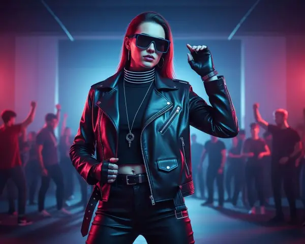 Skórzana ramoneska, okulary i rękawiczki to idealny outfit, jak się ubrać na imprezę techno. Tłum na tle neonów.