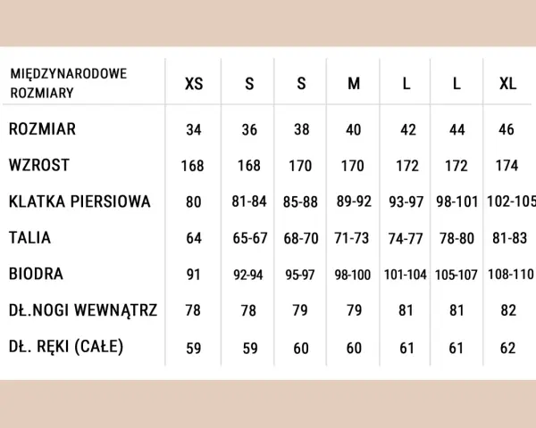 Tabela rozmiarów od XS do XL: rozmiar, wzrost, klatka, talia, biodra, długość nogi i ręki.