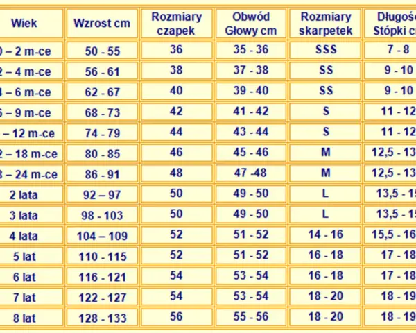 Tabela rozmiarów: 9-12 miesięcy to wzrost 74-79 cm, rozmiar odzieży 80, czapki 44, głowa 43-44 cm, skarpetki S, stopa 11-12 cm, bucik 19/20.
