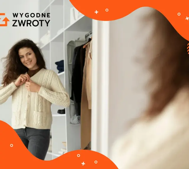 Kobieta w swetrze przed szafą. Logo "Wygodne Zwroty" sugeruje, że to firma oferująca łatwe zwroty zakupów.
