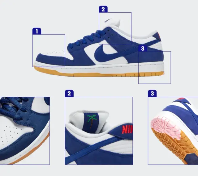 Szczegółowe zbliżenia na niebiesko-białe buty Nike Dunk SB. Zobacz, jak sprawdzić czy buty Nike są oryginalne, analizując detale: perforacje, haftowaną palmę i podeszwę.