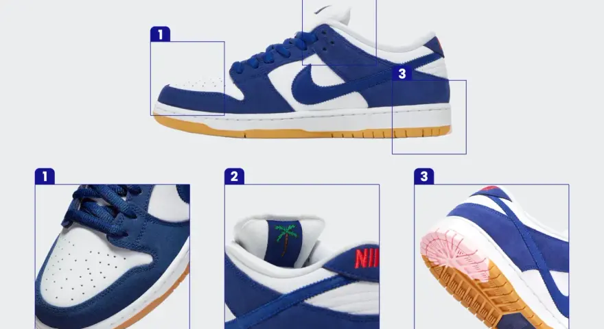 Szukasz informacji, jak sprawdzić numer katalogowy Nike? Zobacz zbliżenia na buty: przód (1), język z palmą (2) i podeszwę (3).