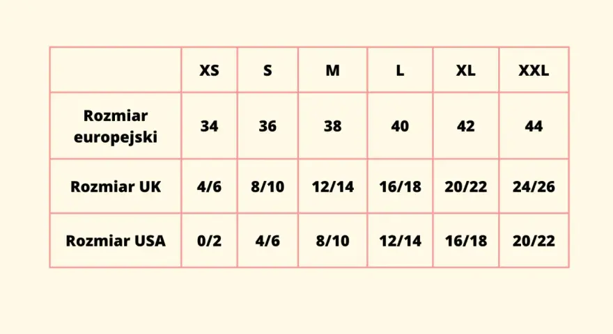 Tabela rozmiarów odzieży: rozmiar europejski (34-44), UK (4/6-24/26) i USA (0/2-20/22).