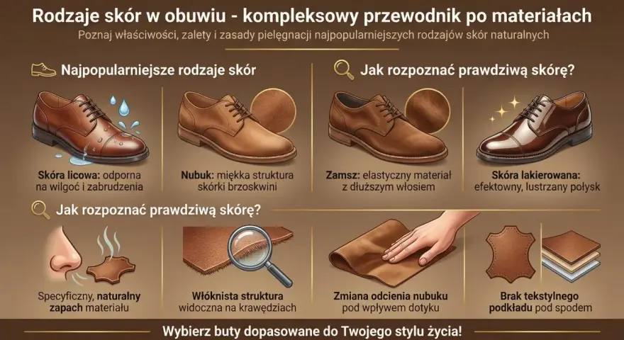 Przewodnik po rodzajach skór: licowa, nubuk, zamsz, lakierowana. Jak rozpoznać naturalną skórę po zapachu, strukturze i dotyku.
