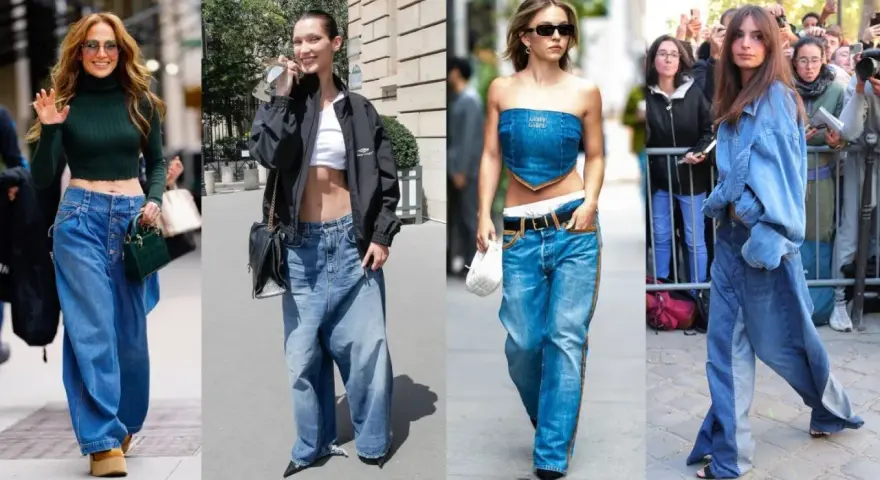 Cztery dziewczyny w stylu downtown girl prezentują szerokie jeansy i krótkie topy.