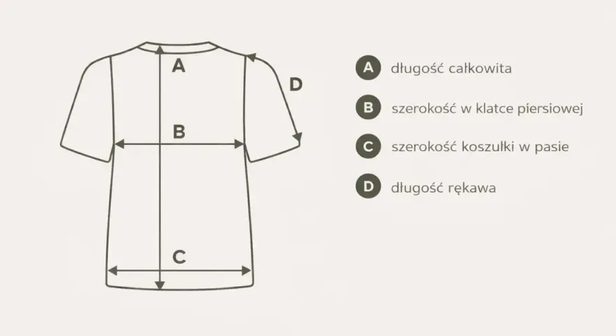 Schemat koszulki z wymiarami: A - długość całkowita, B - szerokość w klatce, C - szerokość w pasie, D - długość rękawa. Pomoc w wyborze odpowiedniego rozmiaru polskiego.