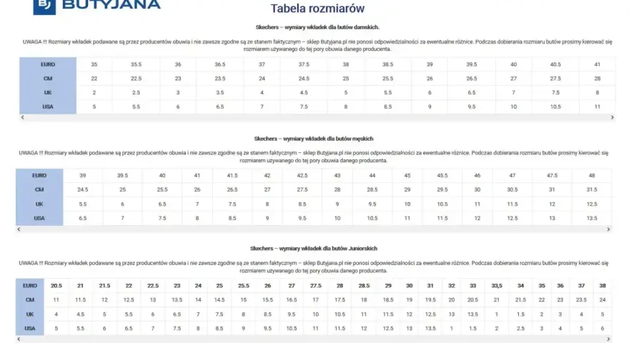 Tabela rozmiarów Skechers: 27 cm jaki to rozmiar buta? W tabelach damskich, męskich i juniorskich znajdziesz odpowiedniki w EUR, UK i USA.