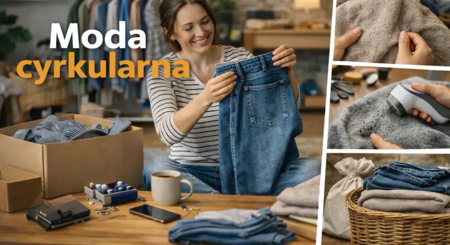 Kobieta z uśmiechem przegląda ubrania, pokazując, że moda cyrkularna to nowy trend. Widać też odświeżanie swetrów i kosz z ubraniami.