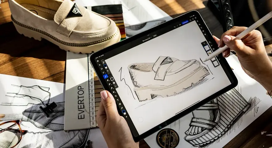 Projektantka szkicuje buty Filippo, firmy znanej z modnego obuwia. Na stole leży gotowy model i szkice.