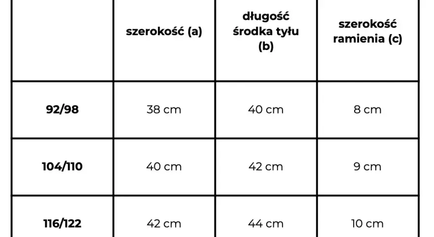Tabela rozmiarów odzieży: rozmiar 116/122 odpowiada wiekowi ok. 6-7 lat. Podane wymiary: szerokość (a) 42 cm, długość (b) 44 cm, szerokość ramienia (c) 10 cm.