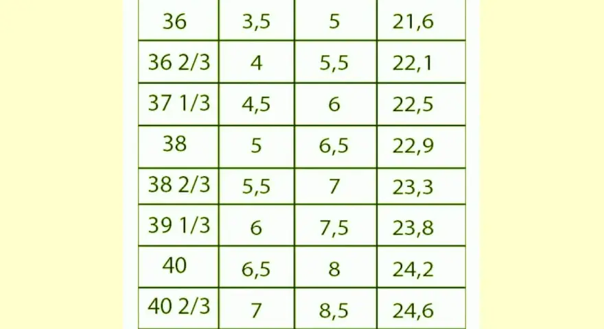 Tabela rozmiarów obuwia: 6,5 US to 38 EU, 22,9 cm.