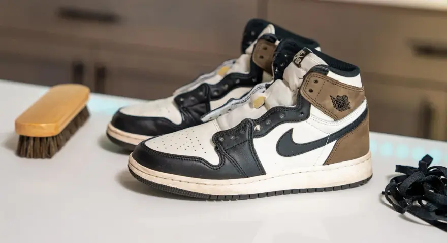 Para wiedzą, czy buty Nike można prać w pralce, leżą obok szczotki do czyszczenia i sznurówek.
