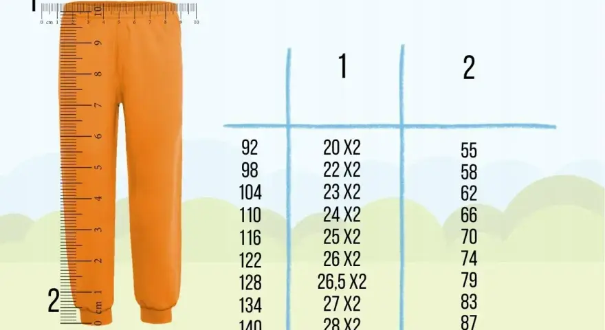 Pomarańczowe spodnie obok miarki. Tabela rozmiarów: 164 jaki to rozmiar? Kolumna 1: 92-140, Kolumna 2: 20-28x2, Kolumna 3: 55-87.