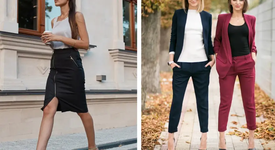 Eleganckie stylizacje dla kobiet: jak się ubrać na imprezę firmową. Spódnica ołówkowa i garnitury w ciemnych kolorach.