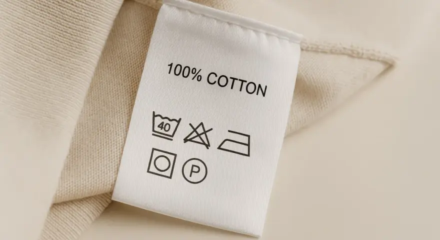 Metka odzieżowa z napisem "100% COTTON" i symbolami pielęgnacji.