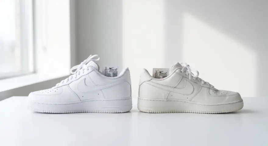 Dwa białe buty Nike Air Force 1, jeden świeży, drugi lekko przybrudzony. Czy 50 style ma oryginalne buty? Metki z kodami sugerują autentyczność.