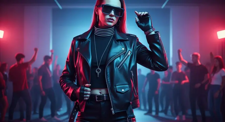 Skórzana ramoneska, okulary i rękawiczki to idealny outfit, jak się ubrać na imprezę techno. Tłum na tle neonów.