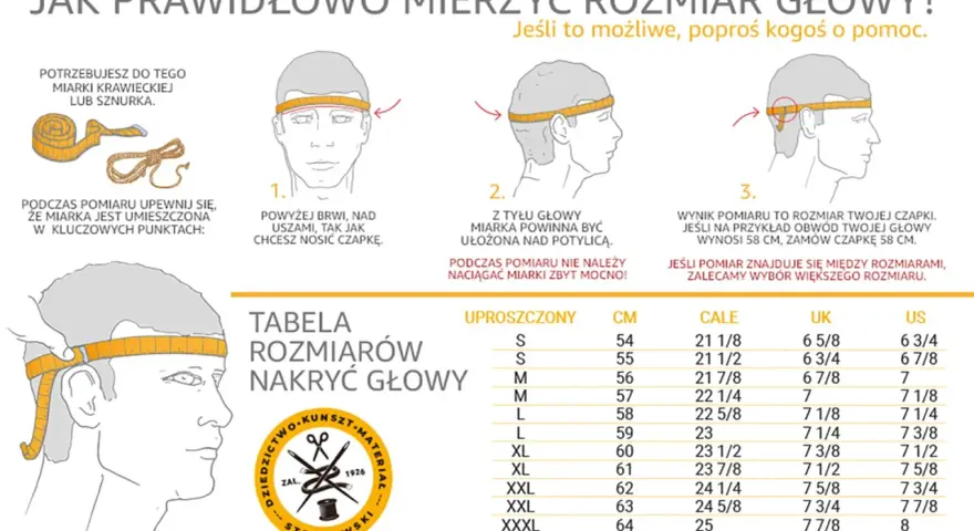 Instrukcja jak zmierzyć obwód głowy. Użyj miarki krawieckiej lub sznurka, umieszczając ją nad brwiami i uszami. Tabela rozmiarów pomoże dobrać czapkę.