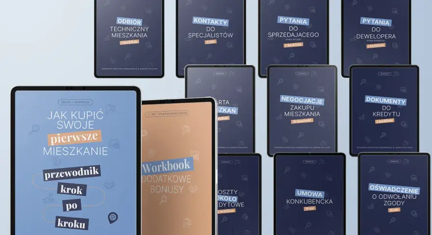 Zestaw materiałów edukacyjnych o zakupie mieszkania: "Jak kupić swoje pierwsze mieszkanie", "Odbiór techniczny", "Negocjacje", "Umowa konkubencka" i inne, od berkertex.