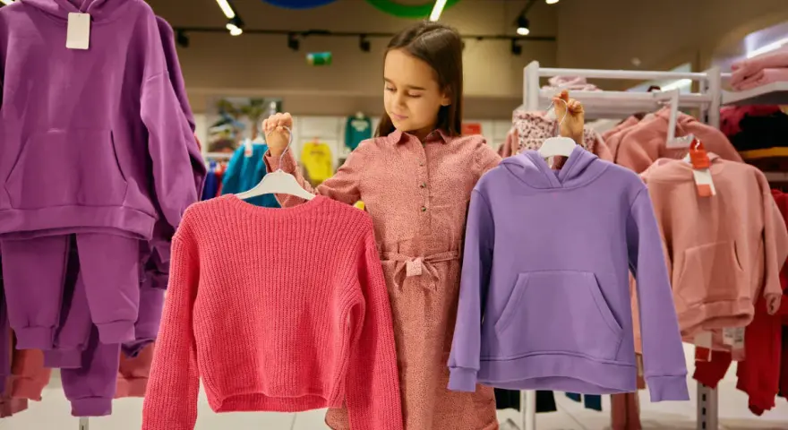 Dziewczynka wybiera ubrania. Czy ten różowy sweterek lub fioletowa bluza to dobry rozmiar dla 7-8 latka?