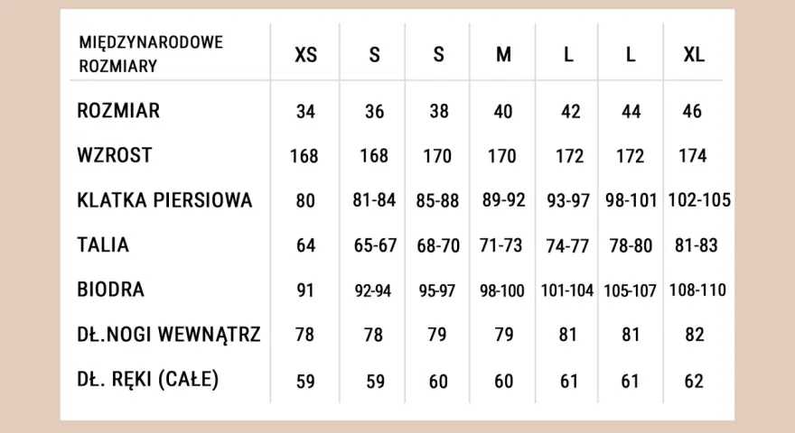 Tabela rozmiarów od XS do XL: rozmiar, wzrost, klatka, talia, biodra, długość nogi i ręki.