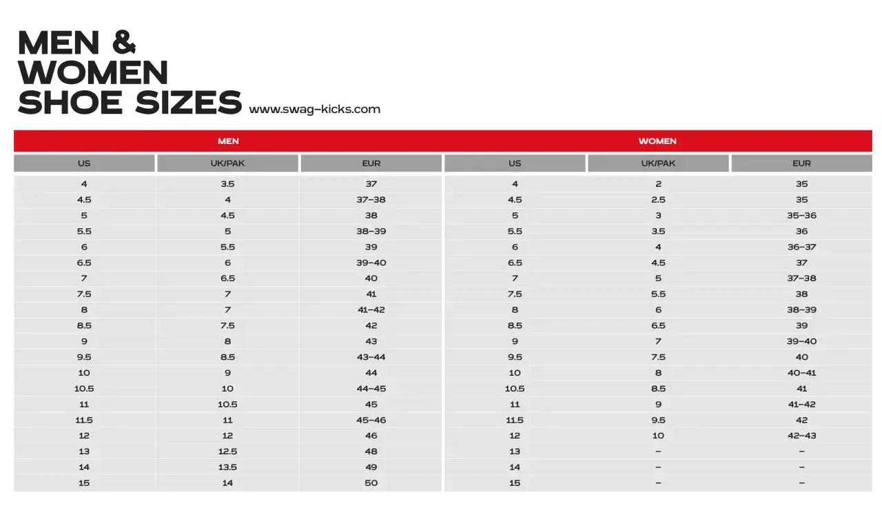 Tabela rozmiarów obuwia: 5.5 US to 5 UK/PAK i 38-39 EUR dla mężczyzn, a dla kobiet 3.5 UK/PAK i 36 EUR.