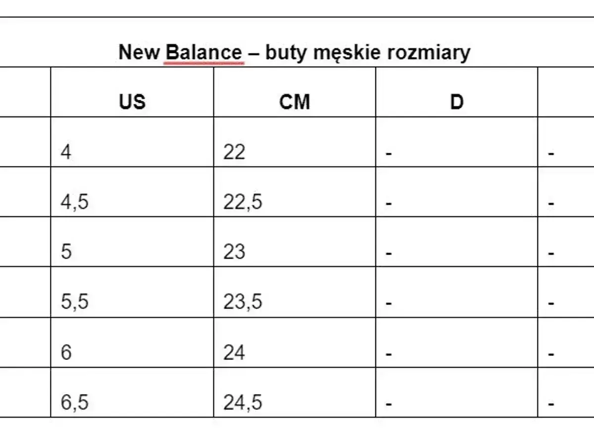 Tabela rozmiarów męskich butów New Balance. Znajdziesz tu rozmiary US, CM i D.
